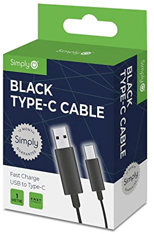 Simply ICTC01 Type C to USB 1 m Long Nylon Charging Cable for Samsung, HTC, LG & Other Smartphones & Playstation 5/Xbox One & Series X Controllers, Black