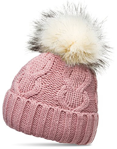 Caspar MU163 Damen Mütze Strickmütze mit tierschutzgerechtem Kunstfell Bommel und klassischem Zopf Strickmuster, Größe:One Size, Farbe:rosa