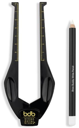 Billion Dollar Brows Brow Buddy Kit - Patented Symmetrical Eyebrow Shaping Tool and Contouring Stencil - Professional Brow Mapping Set with White Pencil for Tweezing, Waxing and Threading - 2 Pieces
