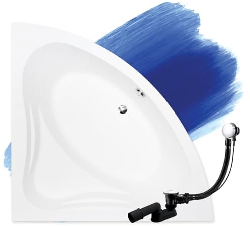 BADLAND Badewanne Original Weiß Acryl Wanne Eckbadewanne MIA 130x130 KOMPLETTSET SET + Füßen und Exklusive Chrom Automatik Ablaufgarnitur Made in EU 3in1