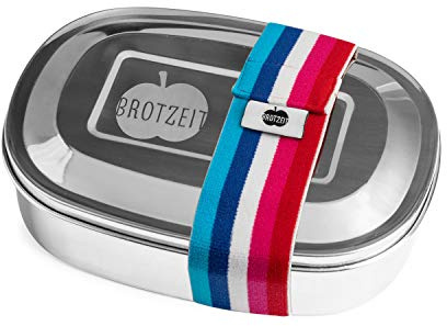 Brotzeit 16x12x4cm Edelstahl Brotdose Magic mit Gummiband nach Farbauswahl Edelstahldose Vesperdose Jausenbox Brotzeitdose (Streifen Bunt Rot Blau)