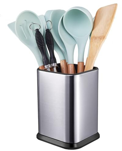 RedCall Stainless Steel Kitchen Utensil Holder for Countertop, Spoon Spatula Organizer,Modern Rectangular Large Cooking Utensil Caddy Counter,Utensil Crock Silver