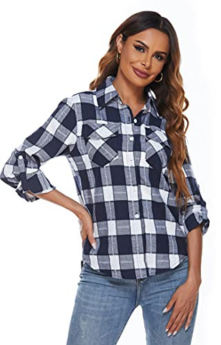 Ietaoo Chemisiers Femme Chemise à Carreaux Coton Manches Longues Flanelle Chemise Blouse Classique Décontractée Shirt pour Automne Hiver Printemps Marine Blanc M