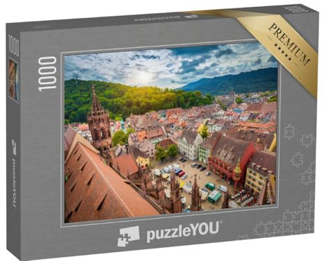 puzzleYOU: Puzzle 1000 Teile „Historisches Zentrum von Freiburg aus der Luft, Münster im Abendlicht“ – aus der Puzzle-Kollektion Freiburg, Deutschland, Freiburger Münster, Deutsche Großstädte