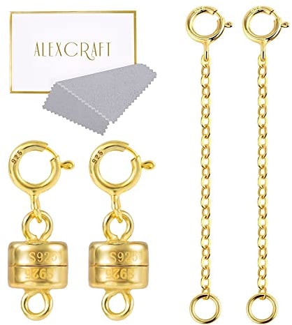 KISSPAT 2 Paar Magnetverschluss und Kettenverlängerung Set, 925 Sterling Silber Magnetverschluss, Magnetverschluss Kette, für Halskette Armband Schmuck