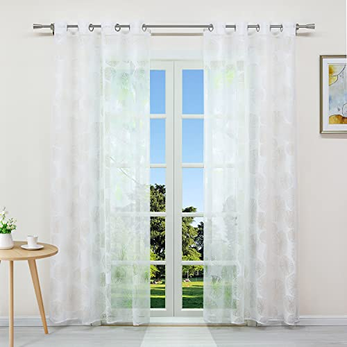 CORLIF Transparente Gardinen mit Ösen Vorhang Ausbrenner Lotus Blatt Motiv Gardinenschal Modern Wohnzimmer Weiß Weiß BxH 140x225cm 1 Stück