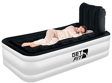 Get Fit Air Bed With Built In Electric Pump - Premium Single Airbed - Quick Blow Up Bed With Headboard & Free Inflatable Pillow - Elevated Inflatable Air Mattress For Outdoor, Camping - White/Black