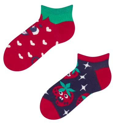 Dedoles Sneaker Socken Low Cut Füßlinge Kinder Mädchen Jungen Baumwolle lustiges Design Geschenk links rechts verschieden, 1 Paar, Farbe Rot, Motiv Happy Strawberries sneaker, Gr. 27-30