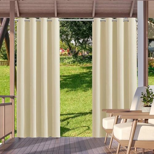 HUAXIQUE Outdoor Vorhang Wasserdicht Wetterfest Blickdicht 274X132cm Beige Verdunklungs Vorhänge mit Ösen Sichtschutz Sonnenschutz Outdoor Gardine für Balkon Terrasse Pergola Gartenlaube Veranda