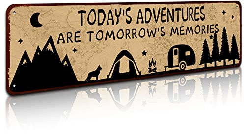 SOYAVE Rustic Camper Metal Tin Decor Sign 4 by 16, Home RV Camper Accessories Wall Décor Gift Idea for Friend Family Motorhomes/Farmhouse RV Camping-Today's Adventures