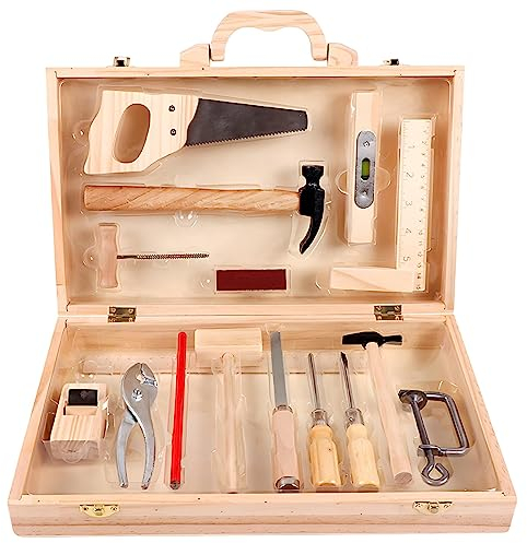 Kids Wooden Tool Set Toy Wooden Tool Box Tools Kit Role Play Montessori Mock Disassembly Construction Toys Realistic Garden Play Set with Box Case and Tools Accessories for Boys Girls Ages 3+