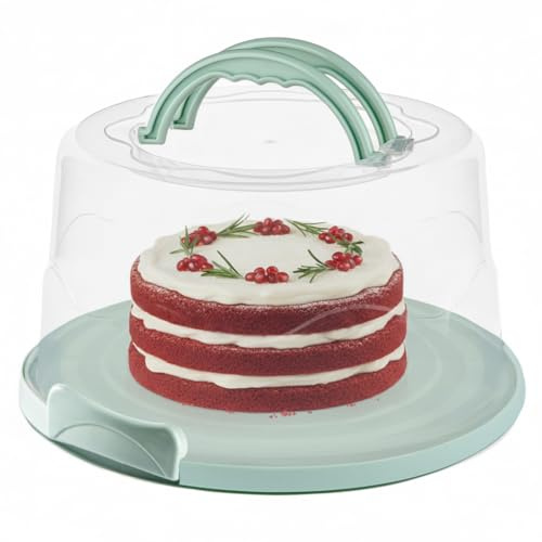 EXTRA LARGE & EXTRA STURDY Cake Carrier, Cake Stand with Lid and Foldable Handles - Multifunctional Serving Platter and Cake Plate - Cake Container with Dome and Strong Snaps 13 x 13 x 7 inch (Green)