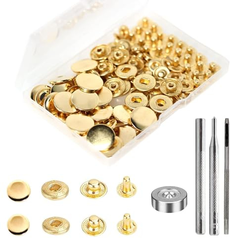 24 Sets Druckknöpfe Set, Basicon Messing Druckknöpfe Φ17mm Kupfer Druckknöpfe Metall Bronze Kleidung Druckknöpfe mit Fixierwerkzeug Kit für Leder Jeans Jacke Brieftasche Handtasche, Gold