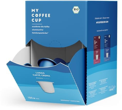 My Coffee Cup - Mega Box Lungo Cafè Cream - Organic Coffee I 100 Coffee Capsules for Nespresso®³ Capsule Machines I 100% Industrial Compostable and Sustainable - 0% Aluminium