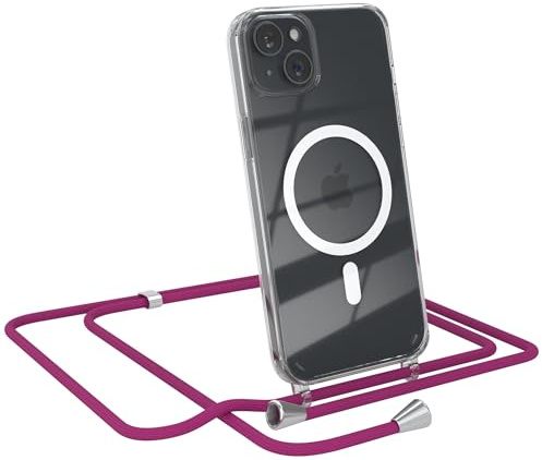 EAZY CASE - Handykette kompatibel mit iPhone 15 Plus Kette zum Umhängen Stoßfest Handyhülle für iPhone 15 Plus Silikon Hülle mit Band Handytasche Transparent als Fallschutz in Pink