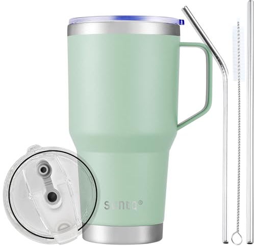 SUNTQ Edelstahl Isolierte Kaffeetasse mit Griff, doppelwandige Vakuum Reise Tasse mit Deckel Stroh, wiederverwendbare thermische Kaffeetasse, tragbare Kaffeetasse (HoneyDew-30oz)