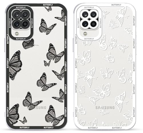 Yoedge 2 Stück Transparent HandyHülle für Samsung Galaxy A12 Hülle Schmetterling 6,5, TPU Silikon Schutzhülle für Samsung A12 Case Schwarz Butterfly Muster Aesthetic Mädchen Frauen Durchsichtig Cover