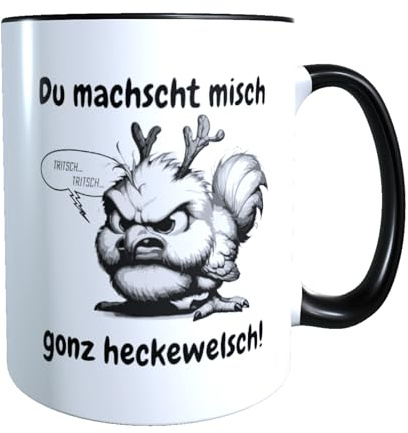 Fördeblau Tasse mit Pfälzer Spruch und Elwetritsche Motiv | Lustiger Kaffeebecher aus Keramik | Witziges Geschenk auf Pfälzisch