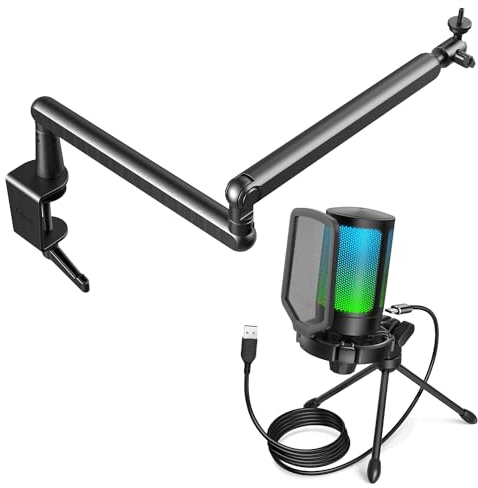 FIFINE Gaming Mikrofon PC mit Arm, USB Microphone und Mikrofonständer für PS4 PS5 Mac, Mikrofonarm mit Mikrofonclip Schraubenadapter Kabelmanagement für Streaming Podcast Studio (A6V+BM88)