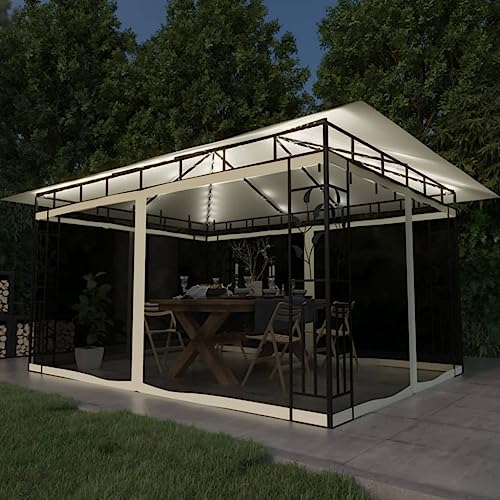Willood Pavillon mit Moskitonetz & LED-Lichterkette 4x3x2,73m Cremeweiß