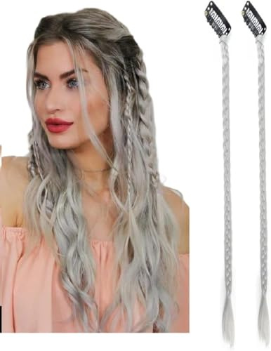 2 x Clip-In Hair Extension Highlights Streaks, Colourful Hair Highlights (Braid - Silver/Grey)