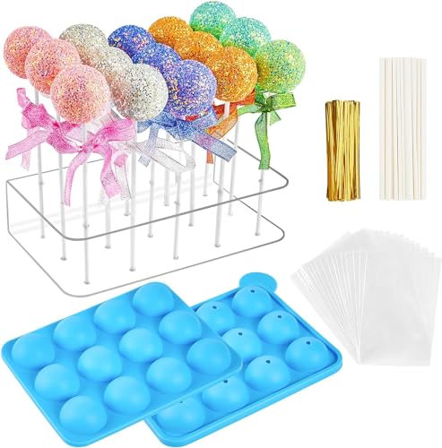CLUEWR Cake Pop Mould Set Complete Kit with 1Pc 12 Cavity Silicone Cake Pop Mold, 15 Hole Clear Acrylic Lollipop Display Stand Holder, 50Pcs Clear Bags, 50 Pcs Treat Sticks and 50Pcs Twist Ties