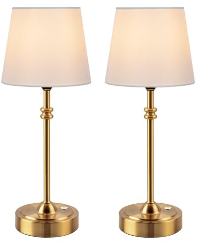 ONEWISH Cordless Table Lamps Set of 2 - Battery Powered Lamp, 4000mAh Rechargeable, Stepless Dimmable, Wireless Lamp with Fabric Shade, 2700K Warm Ambient Light for Dining, Patio, Bathroom(Gold)