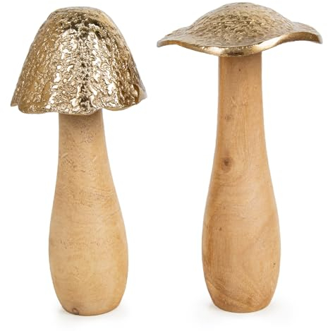 Logbuch-Verlag 2 Pilzfiguren herbstliche Deko braun Gold Pilze Figuren aus Holz & Metall Herbst Weihnachten Dekoration Geschenk Set 22 cm