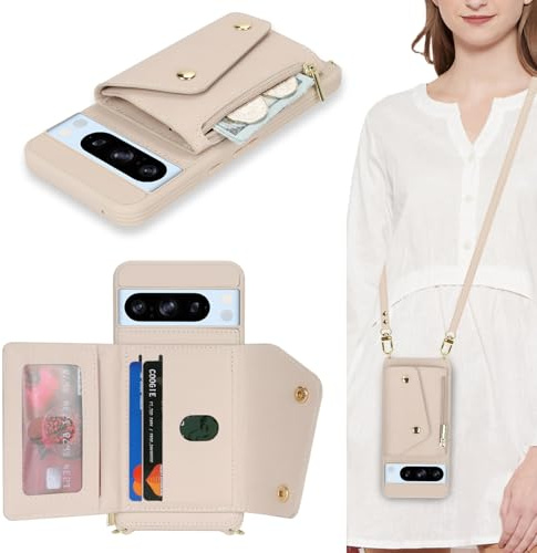 Lipvina Coque pour Google Pixel 8 Pro avec Cordon Porte Carte Coque zippé Portefeuille Femme Telephone Portable Réglable Collier Housse Étui avec Anneau pour Femmes - Blanc
