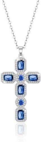 Linawe Kreuzkette Kreuz Kette Silberkette Halskette Damen, Saphire Blau Diamant Kristall Geburtsstein Kettenanhänger Silber, Kette mit Kreuz Anhänger, Damenkette Modeschmuck