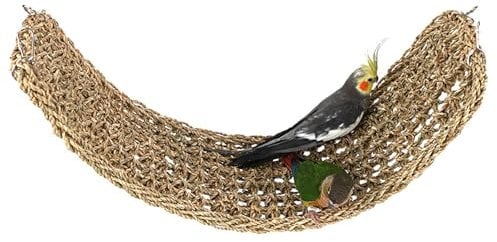 Bird Hammock Mat with Hooks, Natural Seagrass Woven Net, Bird Seagrass Mat, Bird Cage Accessories, Climbing Rope Ladder Chew Toys for Cockatiel Hamster Guinea Pig Rats Hamster Parakeet