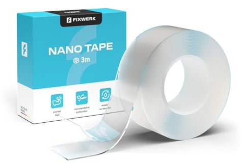 FIXWERK Nano Tape | Doppelseitig Nano Klebeband | Extra stark | 3 Meter Rolle | Klebeband ablösbar | waschbar & wiederverwendbar | transparent (1mm x 3cm x 3m)
