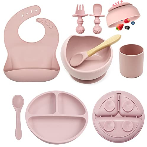 Baby Feeding Set, 8 Pack Baby Led Weaning Supplies, Suction Bowl Divided Plate, Toddler Self Feeding Dish Set with Spoons Forks Sippy Cup Adjustable Bib, Eating Utensils for 6+ Months (Light Pink)