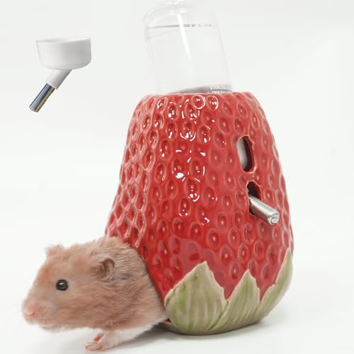 Kelivi Hamster Water Bottle, Strawberry Ceramic Hamster Stand holder for Glass Tank, 80ML Water Bottle Holder with 2 No Drip Caps for Syrian Mice, Gerbil