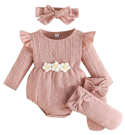 Kunyeah 3Pcs Vestiti per bambina Neonato Ruffle Romper Body a maniche lunghe+Fiocco per capelli+Calzini Tuta neonato a fiori (Rosa, 3-6 Mesi)