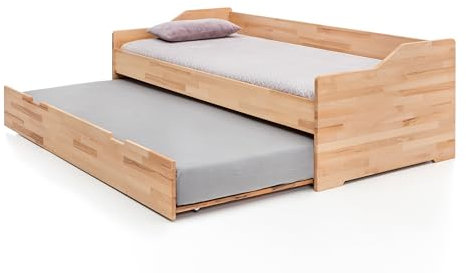 WOODLIVE DESIGN BY NATURE Massivholz-Gästebett Lea, Kernbuche, ausziehbares Doppel-Bett, als Jugend- & Kinderbett verwendbar, Bett 90 x 200 cm inkl 2 x Lattenrost starr