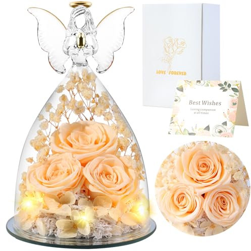 Cadeaux de Roses Eternelles pour Femmes, Cadeau Femme Roses Préservées dans des Figurines d'ange en Verre, Anges de Fleurs pour Maman Grand-mère, Epouse, Sœur, Petite Amie (Jaune Clair)