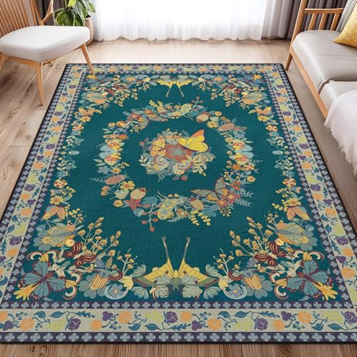 Teppich Wohnzimmer Waschbarer, Blumen Kurzflor Teppich Schlafzimmer, Vintage Weich Kurzflor Carpet mit Rutschfester Rückseite Design für Wohnzimmer, Esszimmer, Büro Bereich Dekor Dunkelgrün 120X160cm