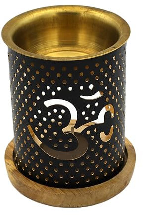 LivuX Aromafume Duftlampe „OM“ – Metall-Duftlampe mit Holzuntersetzer, 9x8,5 cm – Für ätherische Öle und entspannte Raumbeduftung 1167
