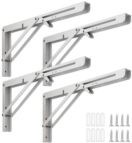 Vivikivi 4 Pièces Support d' Étagères Pliable, Équerre Pliante Support Console Pliants, Murale Supports Pliante en Métal, Pour Table Etagere Murale Garage Cuisine Chambre Bureau (Blanc, 200mm)