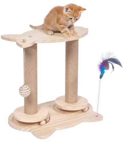 Novelfun Kratzsäule Katze aus Holz mit Feder und gemütlicher Sitzstange | Für kleine und mittlere Katzen, interaktives Katzenspielzeug, unterhaltsame Feder, gemütliche Sitzstange für Katze
