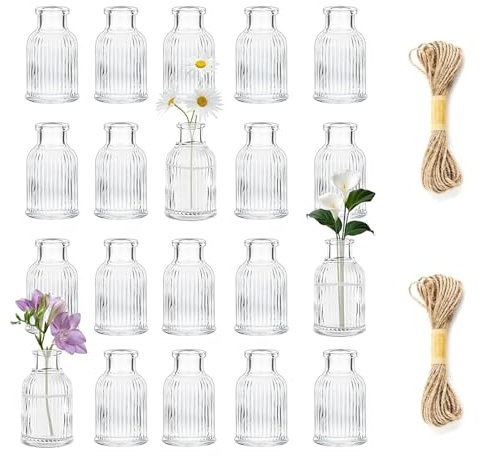 Small Glass Bud Vases Set of 20 - Clear Ribbed Mini Flower Vases for Wedding Table Centrepieces, Party & Home Decor with Free Jute Twine | Bulk Boho Centerpiece Decorations for Baby Shower, Christmas
