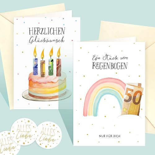 LOViLEE 2x Geburtstagskarten Wunscherfüller Geldgeschenk mit Umschlag und Stickern – Geldgeschenke Geburtstag, Gutscheinkarte, Geburtstagskarte Frau, Jugendweihe Karten – Regenbogen und Torte