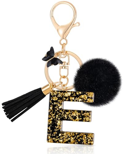 MWOOT Initiale Letter Keychains Porte Clé Lettre E,Alphabet Initial Keyring avec Papillon Pompon Pendentif,Porte-clés Noir Feuille D'or Key Ring pour Femmes Portefeuilles Bagages Charme (E)