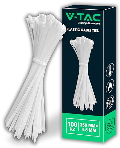 V-TAC Fascette per Cavi in Plastica Bianche misura 4.5 mm x 350 mm - Confezione 100 Pezzi - Fascette per Cablaggio Multiuso - Stringicavo Fermacavi Elettricista, Meccanico, Giardinaggio - Bianco