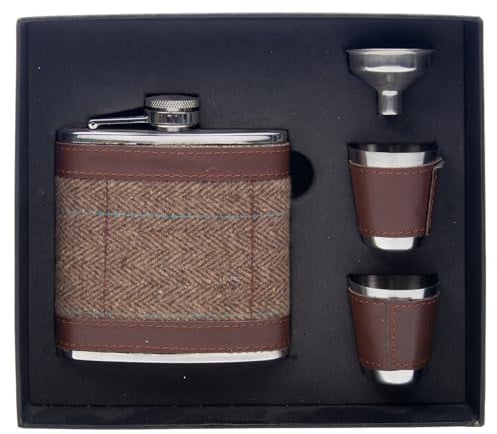 Shudehill Giftware Tweed Hip Flask Gift Set – 6oz Flask with 2 Shot Cups & Funnel – Rustic Gift for Him (Hip Flask 2 Cups Set Tweed)