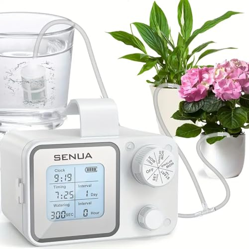 Senua Automatic Drip Irrigation Kit, Smart Programmable Water Timer, IPX4 Water-Resistant, Rechargeable with Anti-Siphon Valve, Ideal for Up to 15 Potted Plants