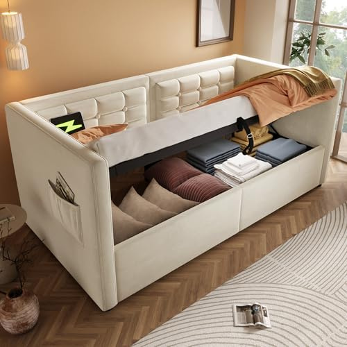 Merax Daybed Upholstered Bed 3FT Single Sofa Bed with Storage, Hydraulic Velvet Bed Frame with USB & Type-C Charging Station, Beige 90 x 190 cm (No Mattress)