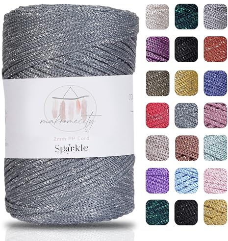 Makromecity Glitzer Makramee Garn 2mm x 230m Premium Polyester Macrame Cord Polypropylene Yarn für Handwerk Wohndekorationen Platzteller Umhängetasche Handtasche Runner (Glitzer Grau, 1 Strang)