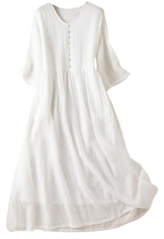 AMhomely Womens Cotton Linen Maxi Dresses Casual Loose Fit Round Neck 3/4 Sleeve Ruffle A-Line Long Dress